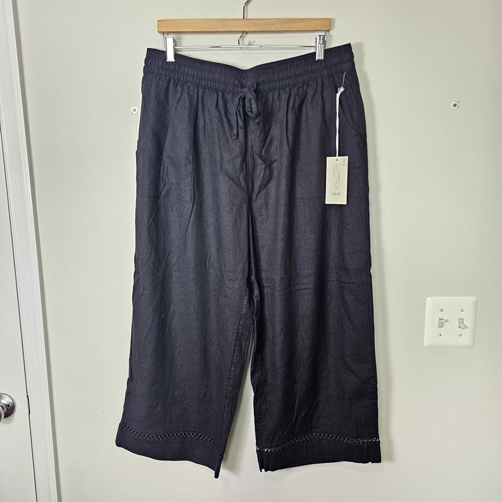 Joie Pants Women 3X Black Linen Blend Wide Leg Cropped Eyelet Trim Coastal NWT - Picture 2 of 7
